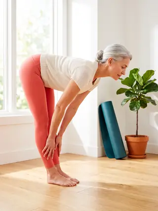 A woman stretching gently beside a sunlit window.