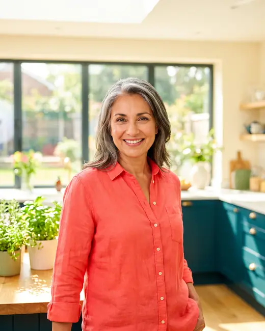 A woman in her fifties standing in a sunlit kitchen, smiling.