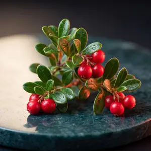 A sprig of bearberry with small evergreen leaves and red berries.