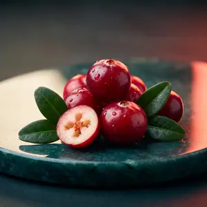 Fresh cranberries with water droplets on a dark teal stone surface.