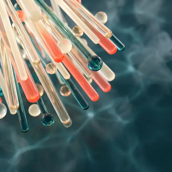 Abstract rendering of translucent rods and spheres in coral and teal.