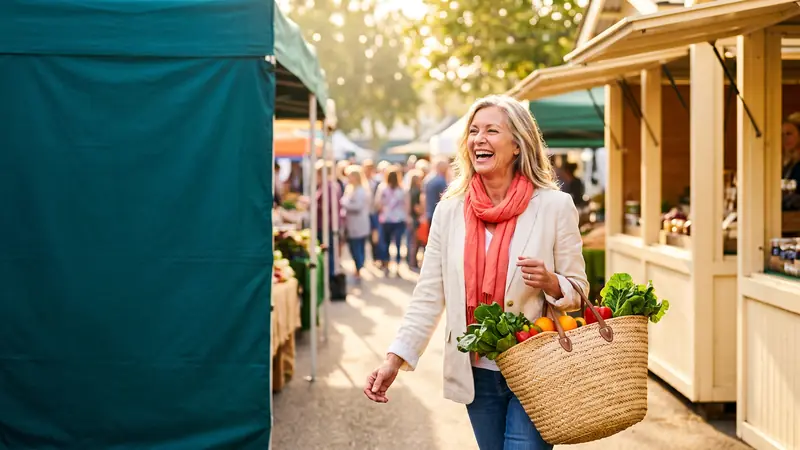 A woman walking through a sunlit open-air market carrying a basket of vegetables.