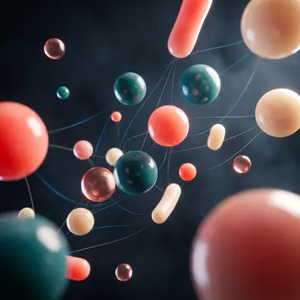 Abstract rendering of translucent spheres and rods connected by fine filaments.